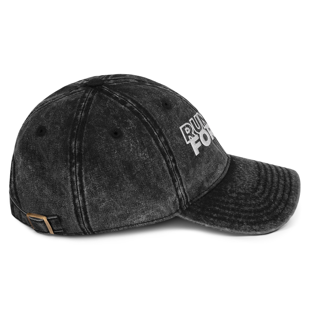Run Forrest Run vintage washed black twill cap, right side view