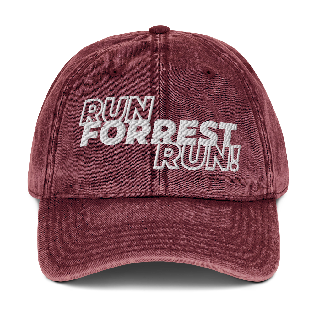 Run Forrest Run vintage washed maroon twill cap, front view