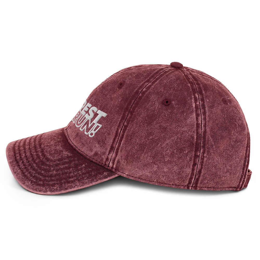 Run Forrest Run vintage washed maroon twill cap, left side view