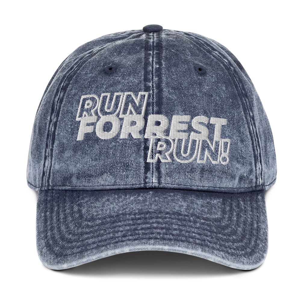 Run Forrest Run vintage washed navy twill cap, front view