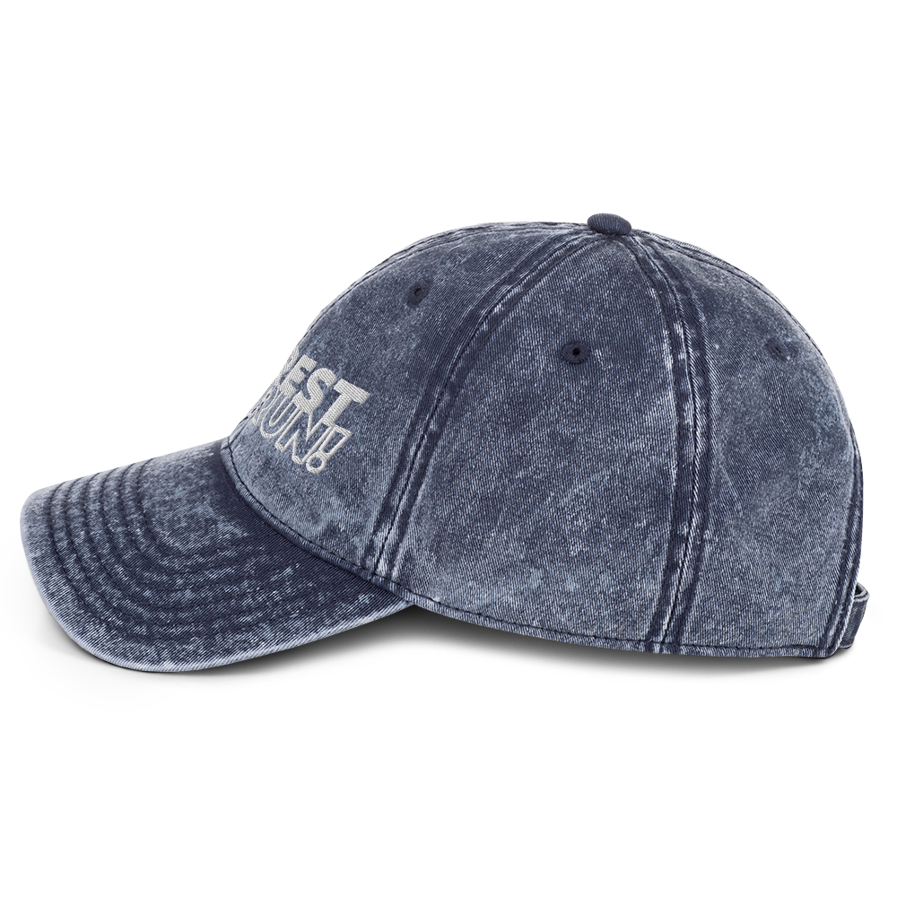 Run Forrest Run vintage washed navy twill cap, left side view