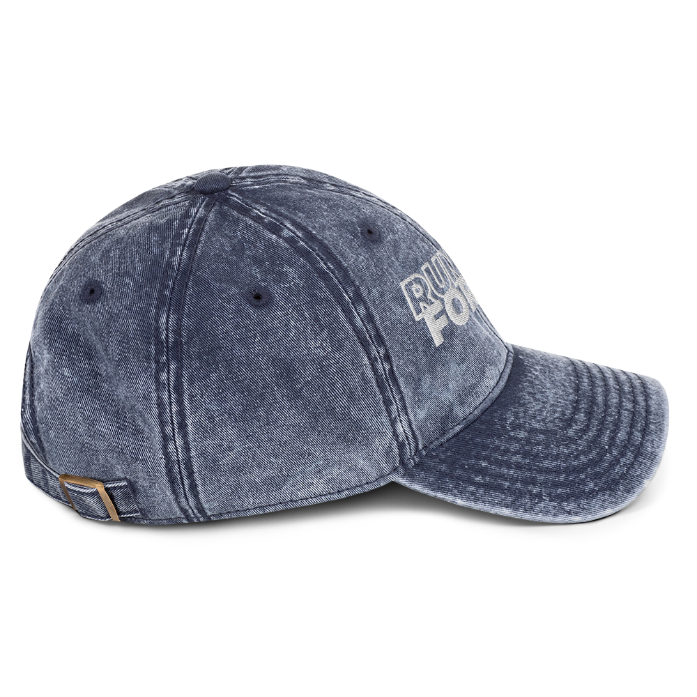 Run Forrest Run vintage washed navy twill cap, right side view