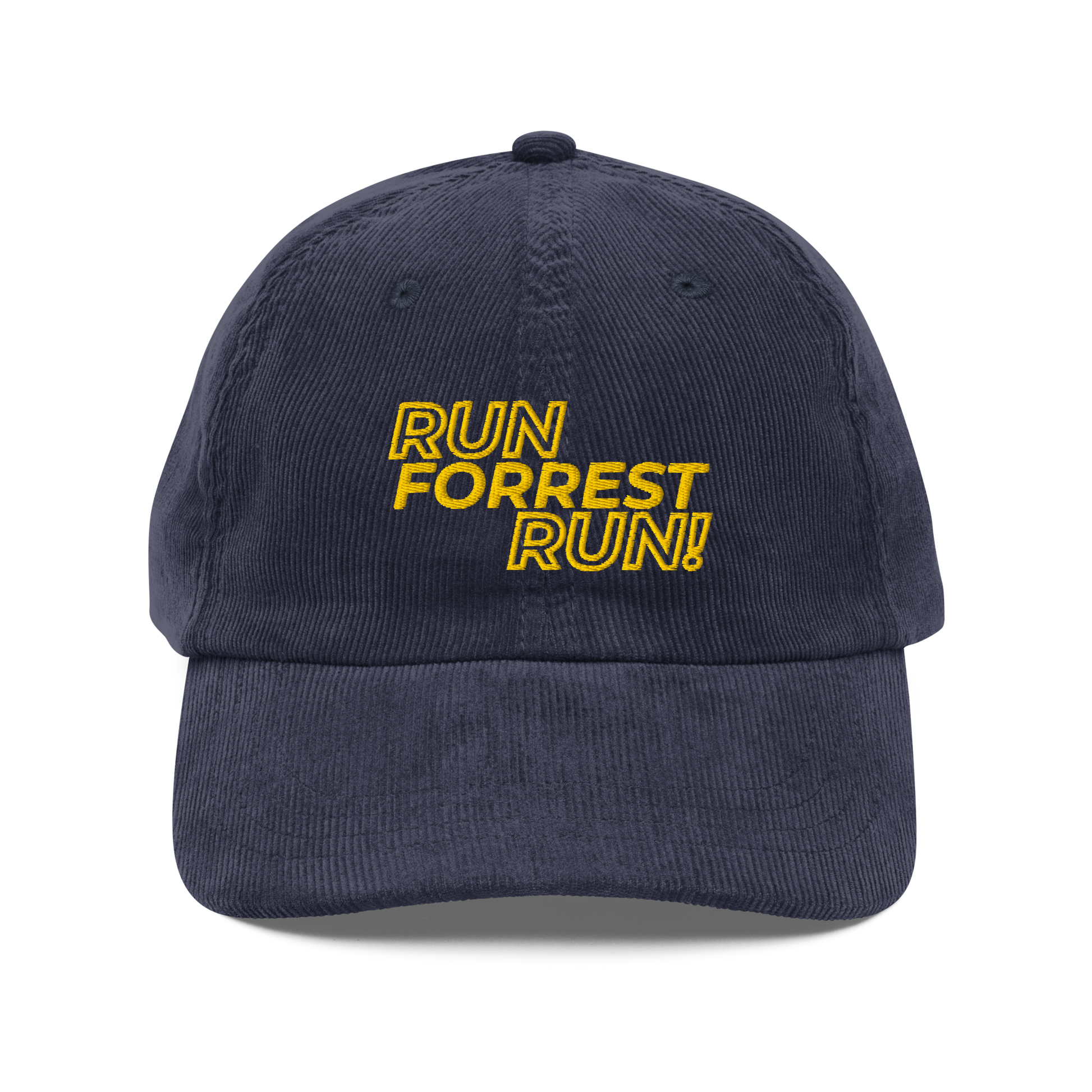 Run Forrest Run navy corduroy cap, front view