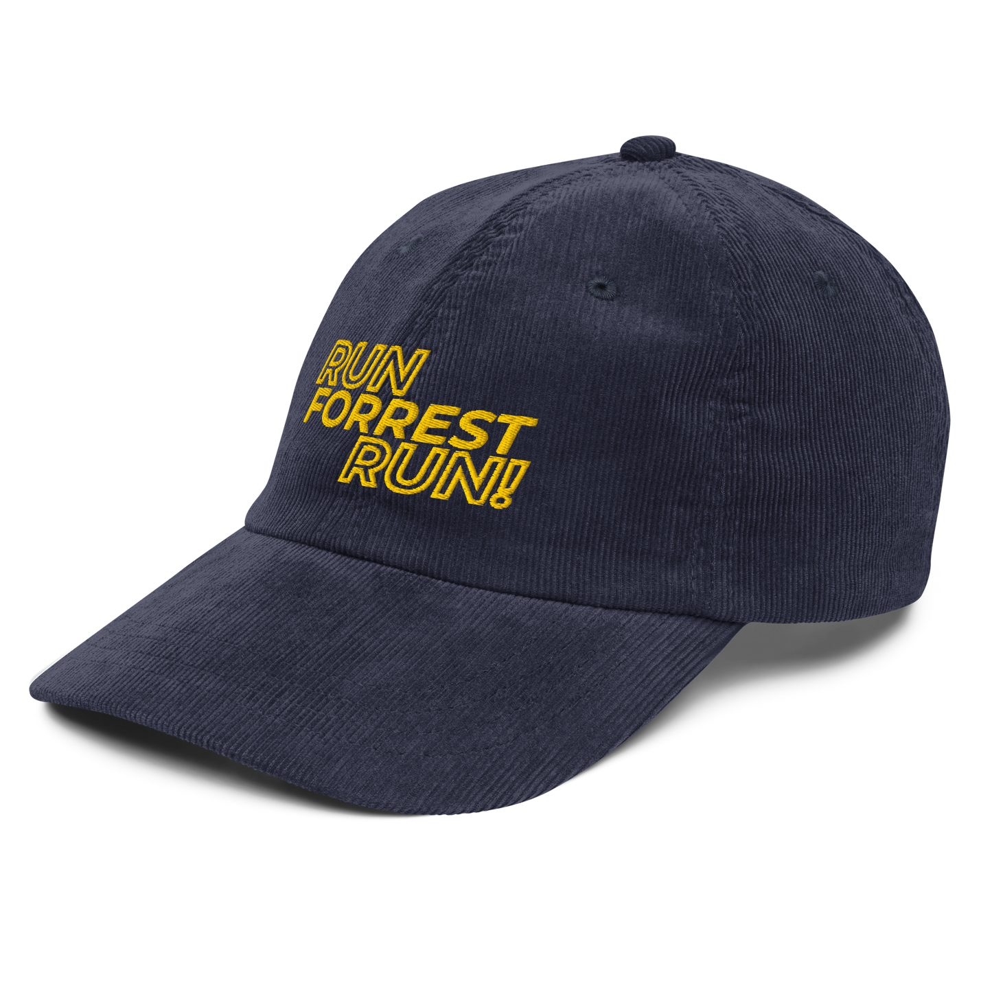 Run Forrest Run navy corduroy cap, left front view