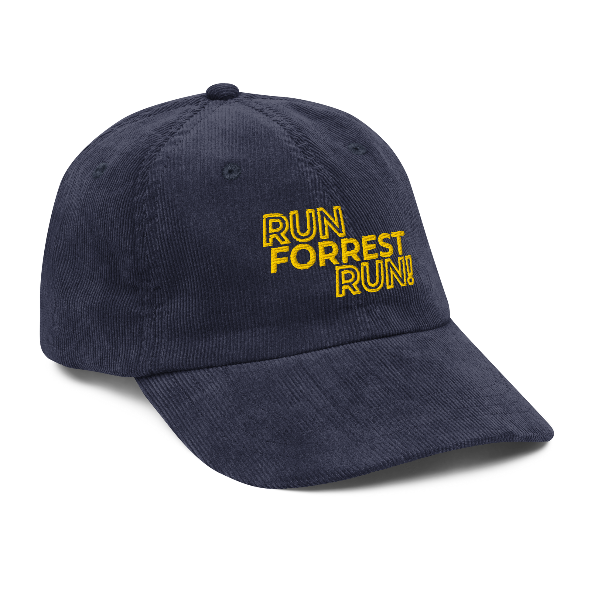 Run Forrest Run navy corduroy cap, right front view