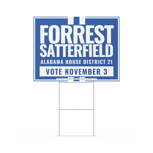Forrest for Alabama blue double-sided 18 x 24 inch yard sign with H-stake, front view