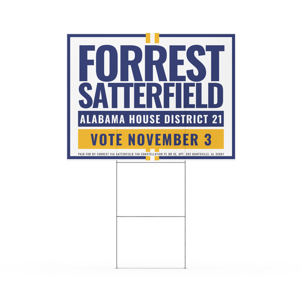 Forrest for Alabama double-sided 18 x 24 inch yard sign with H-stake, front view
